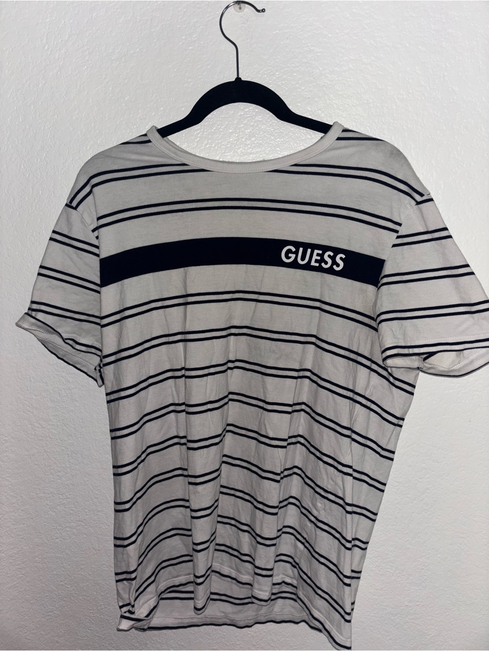 GUESS Cream and Navy Striped Logo Tee